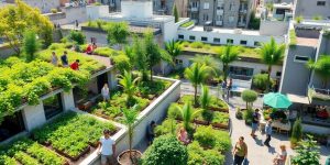 Peisaj urban ecologic cu grădini comunitare și oameni.