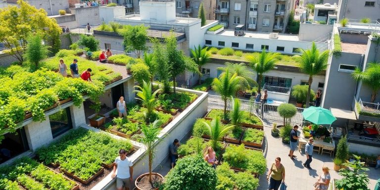 Peisaj urban ecologic cu grădini comunitare și oameni.