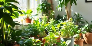 Zona verde acasă cu plante frumoase și lumina naturală.