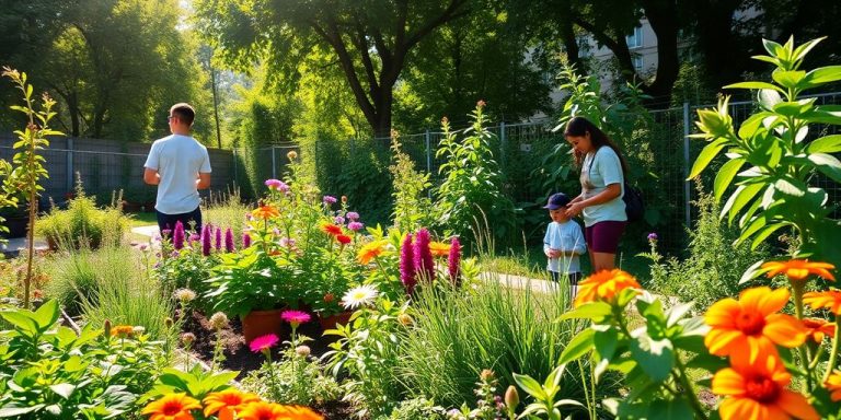 Grădină urbană cu plante și oameni care se implică.