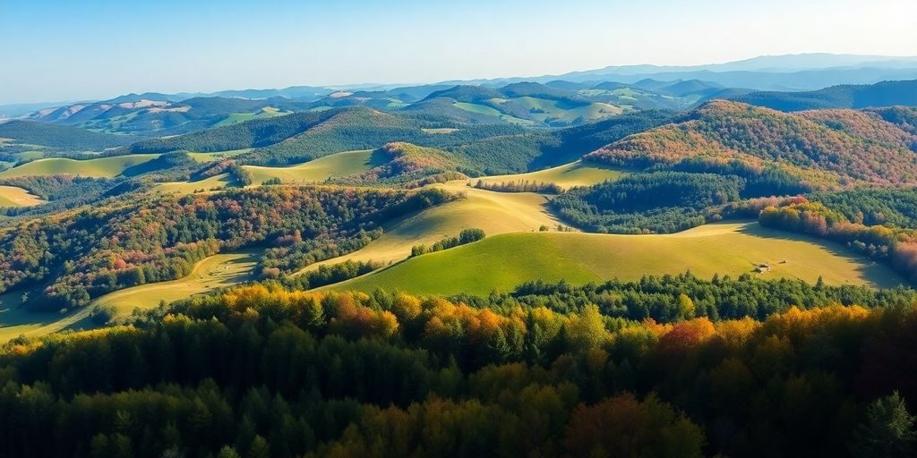 Explorarea resurselor naturale: Importanța și gestionarea lor în România 2 Peisaj natural din România, păduri și dealuri verzi.