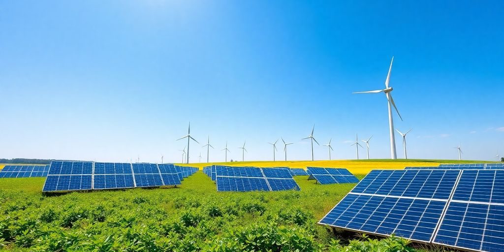 Peisaj cu panouri solare și turbine eoliene verzi.