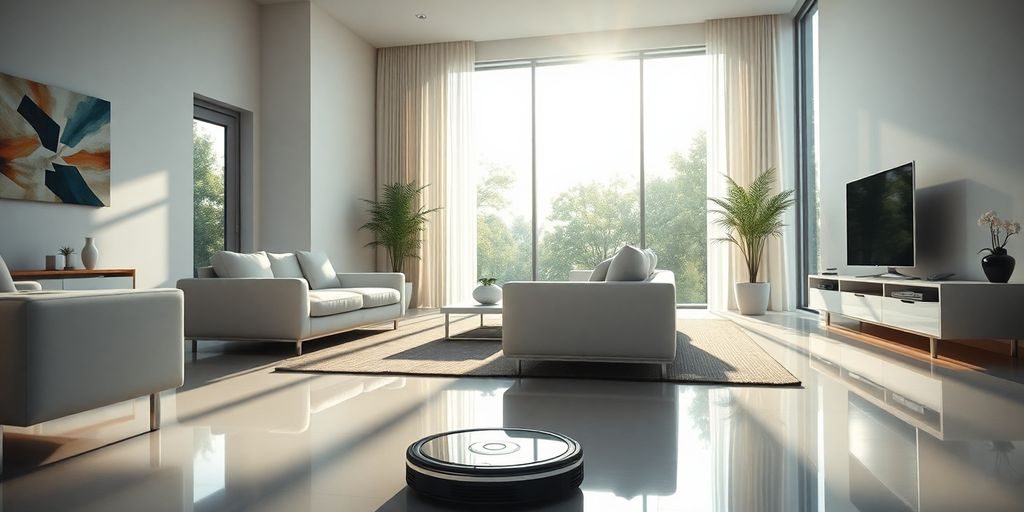 Casă modernă cu tehnologie inteligentă integrată, iluminat ambiental.