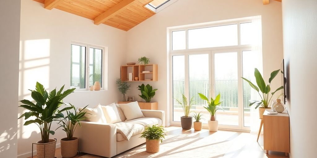 Casa renovată, gata de mutat, cu lumină caldă.