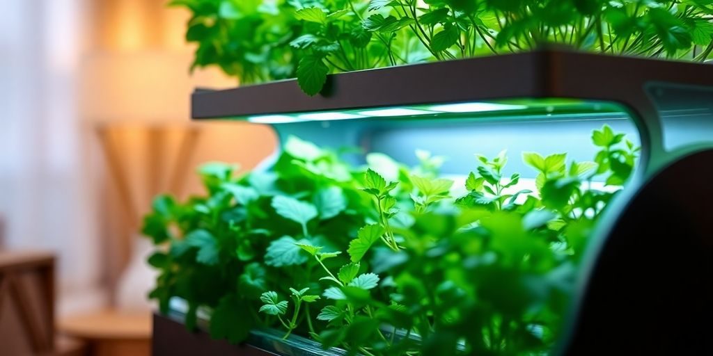Grădină inteligentă cu plante verzi proaspete acasă