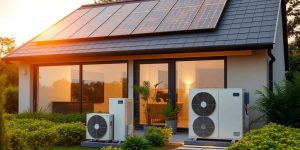 Fațadă casă modernă cu panouri solare și iluminat ambiental LED