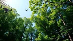 Pădure verde cu drone deasupra.