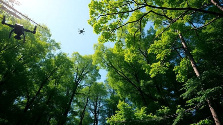 Pădure verde cu drone deasupra.