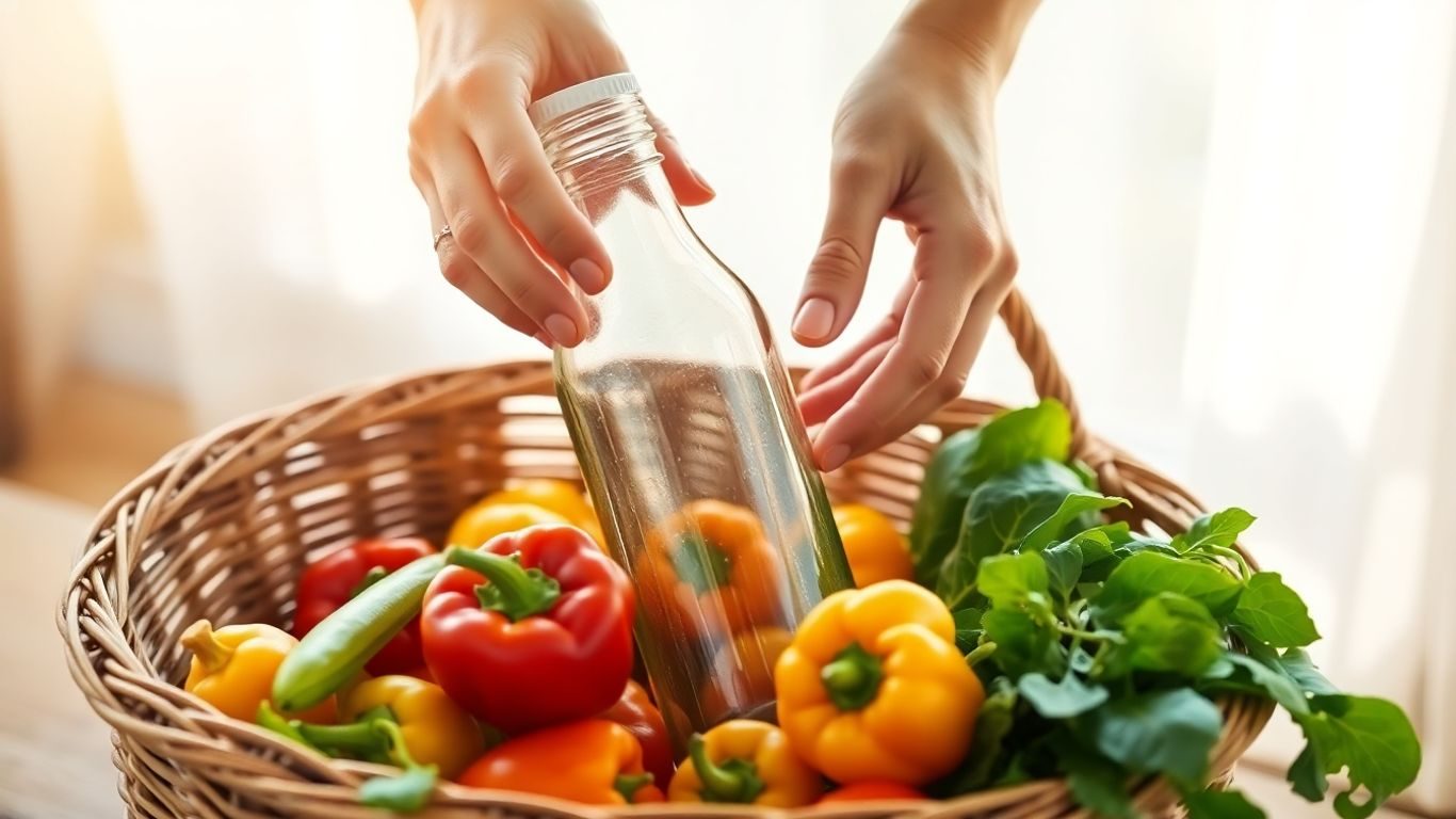 Mâini cu sticlă reutilizabilă și legume proaspete.