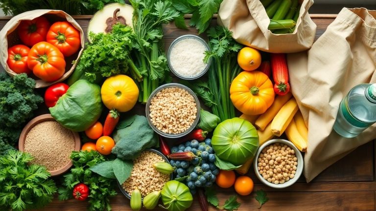 Alimente sănătoase și durabile pe o masă rustică.