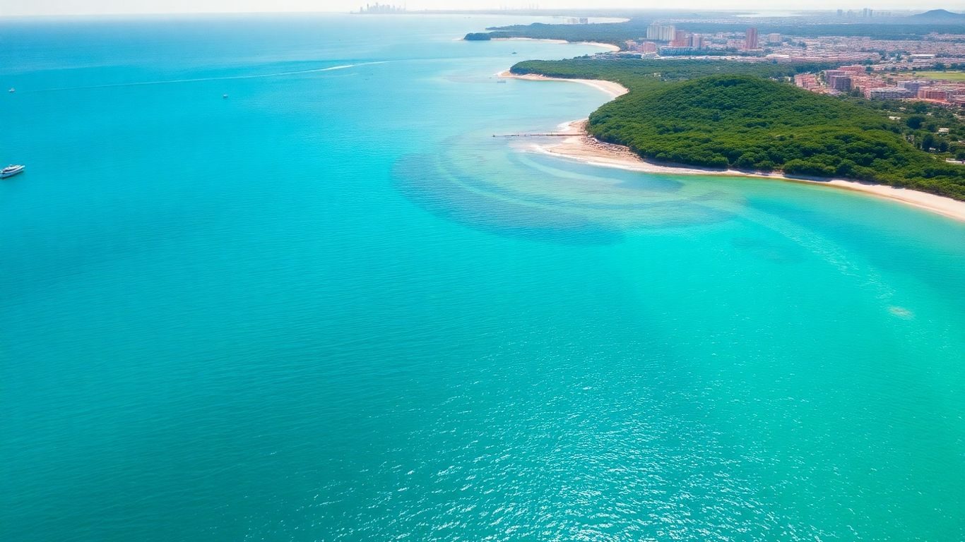 Peisaj marin cu activitate economică și frumusețe naturală.