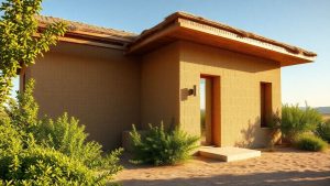 Casă ecologică din paie și lut, înconjurată de natură.