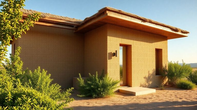 Casă ecologică din paie și lut, înconjurată de natură.