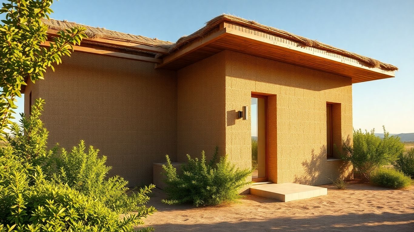 Casă ecologică din paie și lut, înconjurată de natură.